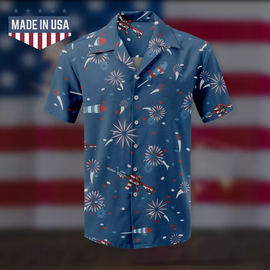 4th of July Hawaiian shirt with red white and blue bottle rocket fireworks and AR-15 rifle design, made in USA