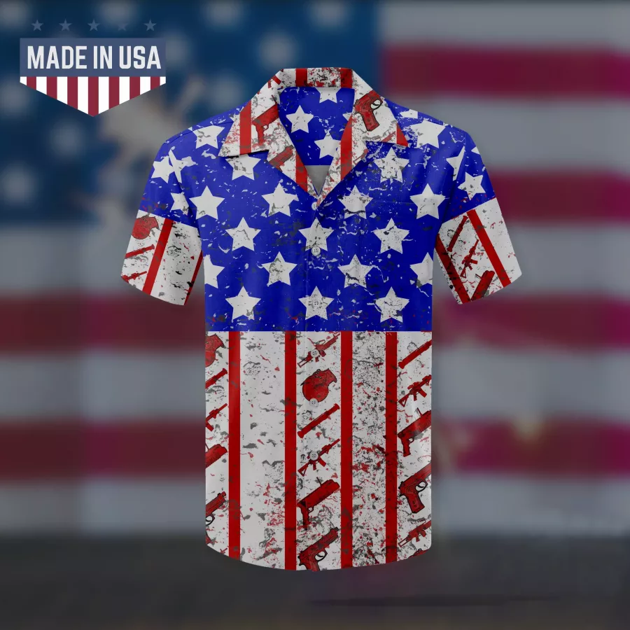 Patriotic Hawaiian shirt featuring American flag pattern with infantry weapons in the stripes