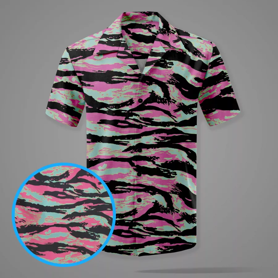 Man wearing Miami Tiger Camo Hawaiian Shirt, styled for summer, outdoor BBQ